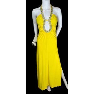 Women's Formal Beaded Gown, size 4, Yellow halter sequins full length prom